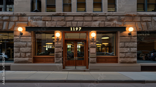 A modern storefront at dusk with illuminated sconces large windows and a visible street number 1197