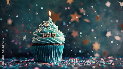happy birthday cupcake with text "happy birthday" photo image of confetti or stars, in the style of light teal and dark gray, sabattier filter , yankeecore generative ai