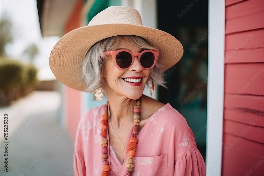 Portrait of happy senior woman in hat and sunglasses on summer vacation