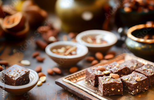 Indian Chocolate Burfi Or Chocolate Barfi, Delicious Milk-based Indian Sweet Holiday Treat, With Chopped Nut, Almond, Pistachios On Wooden Table. Festivals, Celebration. Ai Generated Horizontal Plane photo