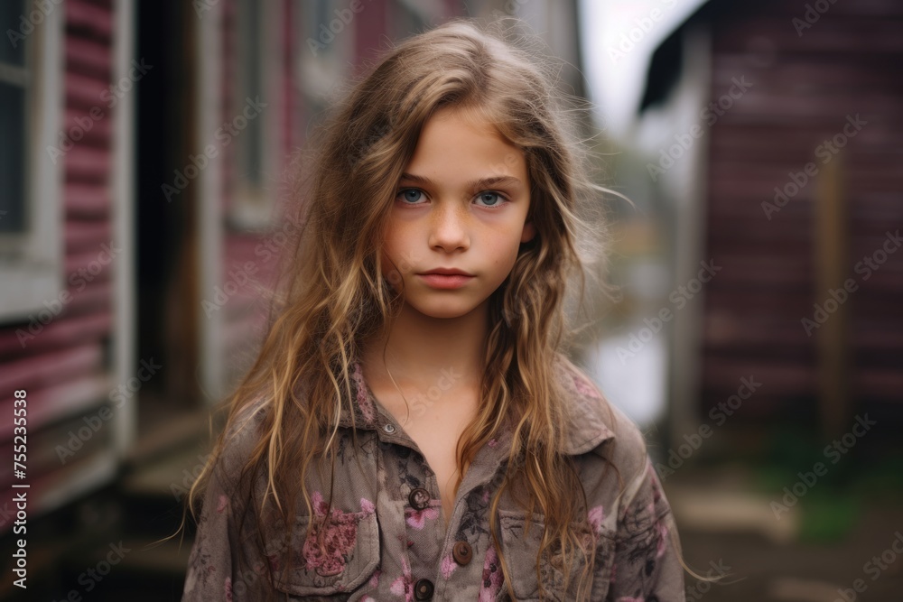 Portrait of a beautiful little girl with long hair on the street Portrait of a beautiful little girl with long hair on the street