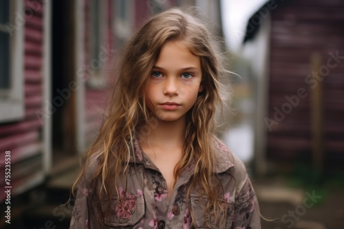 Portrait of a beautiful little girl with long hair on the street