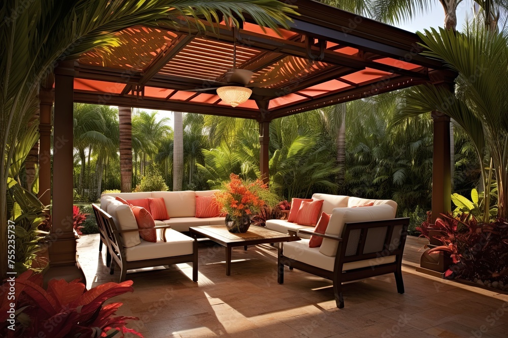 Fototapeta premium Tropical Oasis: Stunning Palm Tree Patio Designs for Natural Shade