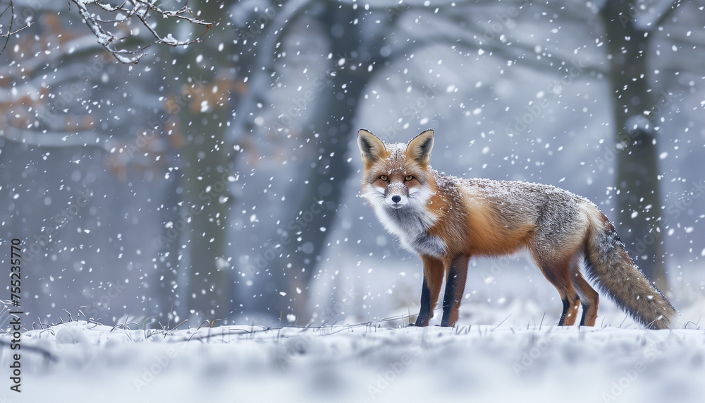 Fototapeta premium A red fox stands alert in the falling snow, surrounded by a wintry forest