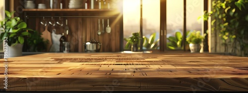 A wooden table sits in the foreground, with a kitchen visible in the background. The wood stain on the table matches the hardwood flooring © RichWolf