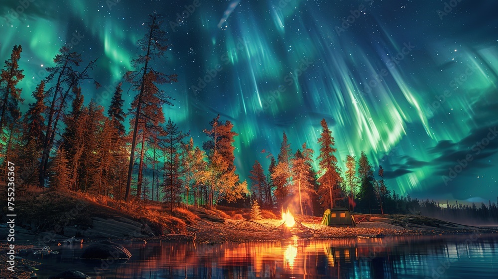 a breathtaking photograph capturing the mesmerizing beauty of the northern lights dancing across a starry night sky. the scene is set at a cozy camping site with a flickering campfire casting a warm 