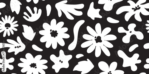 Flower seamless pattern, groovy chamomile background, spring floral vector print, funky summer daisy textile. Abstract black and white cute illustration