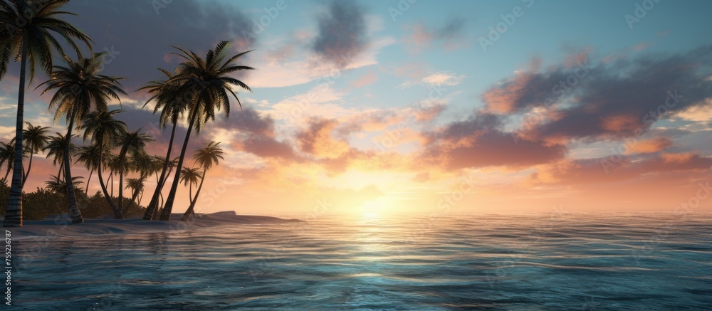 As the sun sets over the ocean, palm trees silhouette against the colorful sky. The liquid horizon reflects the twilight sky creating a stunning natural landscape at dusk