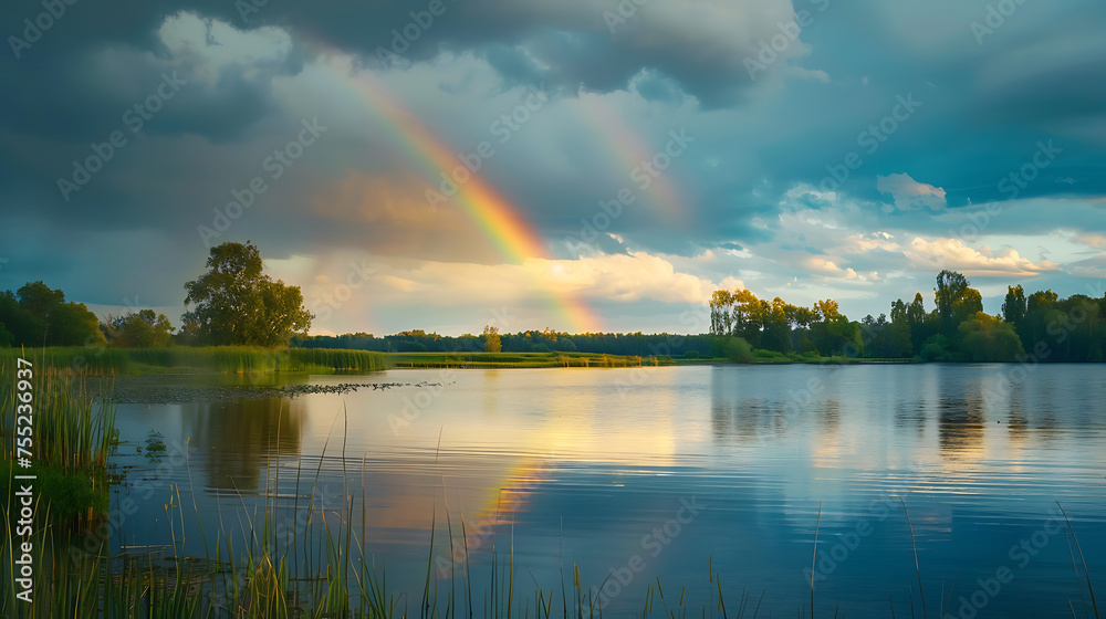 In the aftermath of a passing storm, a rainbow emerges in the clearing sky, its radiant colors reflected in the shimmering waters of a tranquil lake