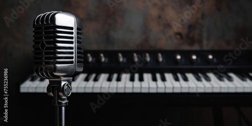 A classic black microphone elegantly rests on top of a sleek, polished piano, ready to capture the beautiful melodies produced by skilled musicians.
