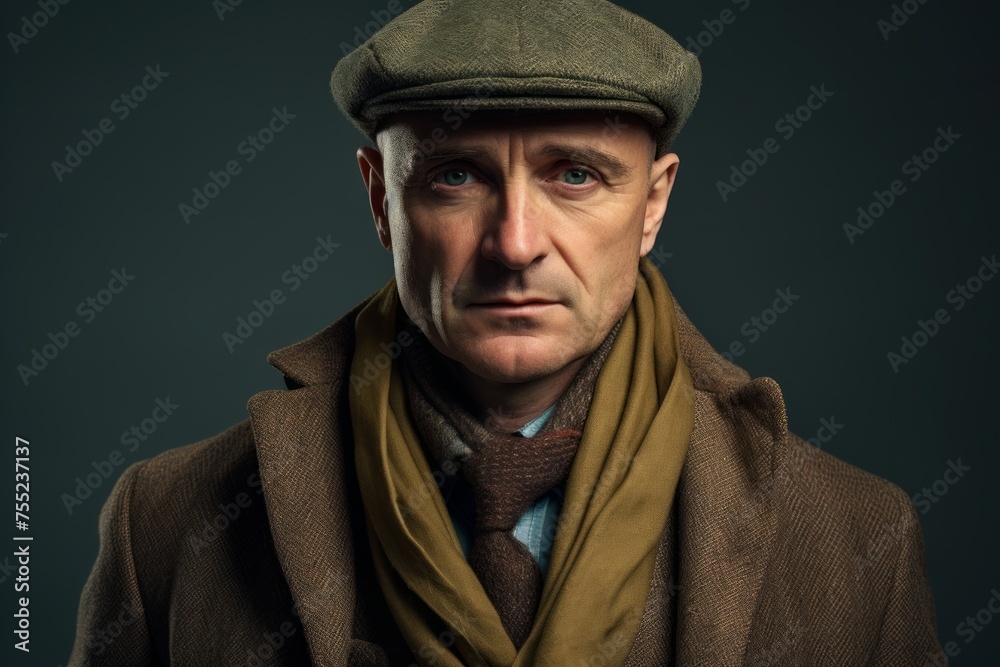 Portrait of an old man in a cap and scarf on a dark background. Portrait of an old man in a cap and scarf on a dark background.
