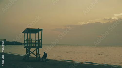 Silhouette of a person sitting by an empty lifeguard tower at sunset on a tranquil beach with a calm sea and cloudy sky