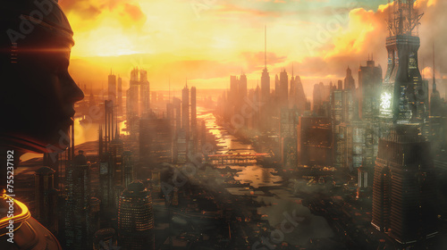 Birds-Eye View of a Futuristic City at Sunset. The image has been digitally enhanced to add vibrancy and detail 