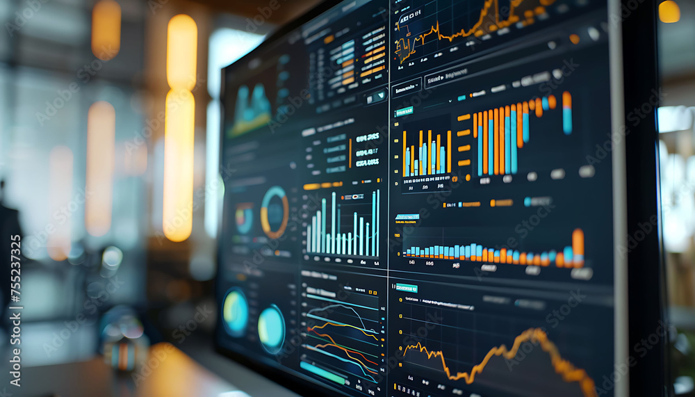 The monitor screen displays data graphs and investment reports, financial monitoring activities.