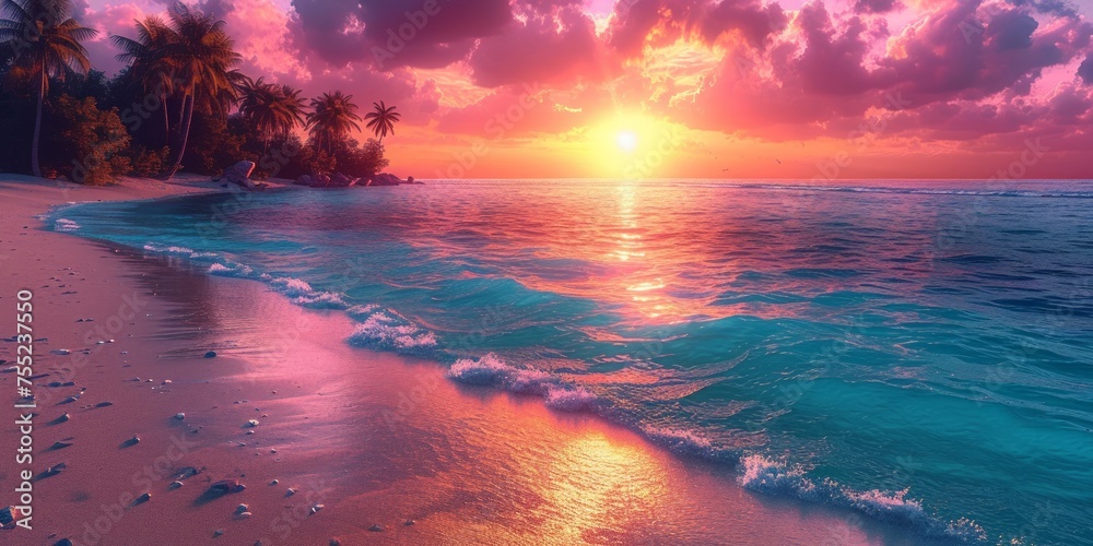 Witness a breathtaking sunset casting vibrant hues over a serene tropical beach, framed by swaying palm trees. - obrazy, fototapety, plakaty 
