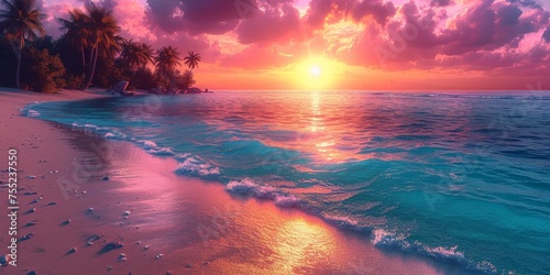 Witness a breathtaking sunset casting vibrant hues over a serene tropical beach, framed by swaying palm trees. photo