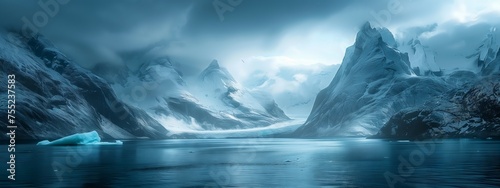 A massive iceberg sits peacefully in the serene lake, encircled by majestic mountains under the expansive sky. A breathtaking natural landscape enhanced by the glistening ice cap © RichWolf