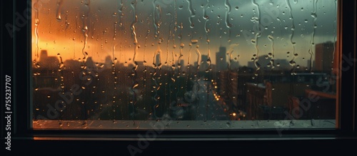 The cityscape outside the window is blurred by raindrops, creating a moody atmosphere. Water trickles down the glass, reflecting the cloudy sky and urban landscape below photo