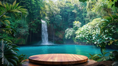 Tropical Woodland Serenity: Circular Wooden Blank Product Presentation Stand with Paradise Waterfalls and Foliage Backdrop