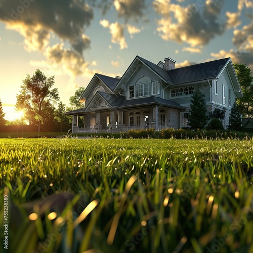 a house with a wide beautiful clean short grass,4k © SazzadurRahaman