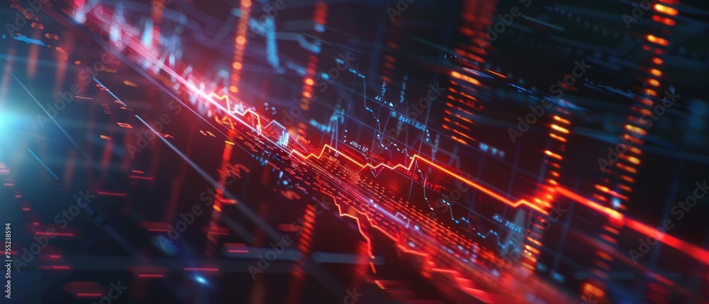 Close-up of a glowing red arrow ascending on a holographic financial graph Close-up of a glowing red arrow ascending on a holographic financial graph