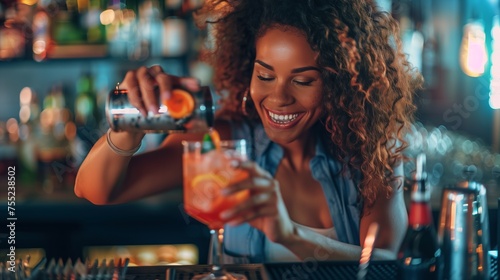 Woman making cocktail. Generative AI photo