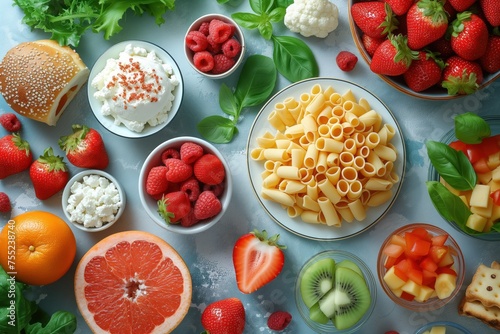 Wallpaper Mural Food products lie on the table in a plate and nearby: pasta, fruits and berries, citrus fruits, a bun with jam, cottage cheese, cookies and herbs. The concept of varied nutrition, vegetarianism Torontodigital.ca