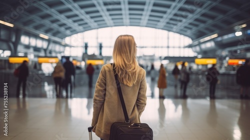 Young girl woman travel walking in international airport terminal wallpaper background