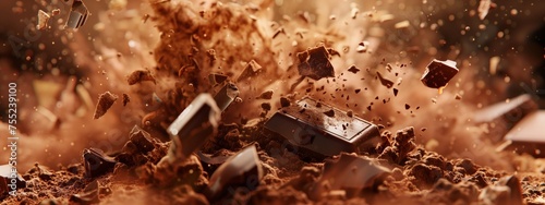 A closeup shot of a chocolate bar being smashed into a pile of cocoa powder, a key ingredient in many baked goods and desserts