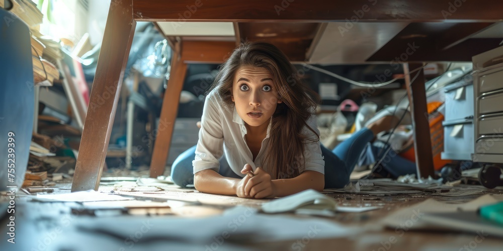 A woman is sitting on the floor of a cluttered and disorganized room. Scared hiding under table during earthquake - obrazy, fototapety, plakaty 