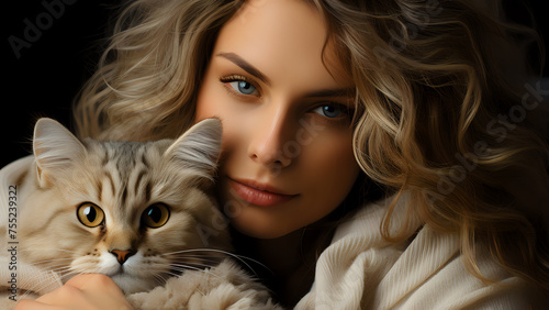 Intimate Portrait of Woman with Her Cat. A touching close-up of a woman holding her beloved cat  capturing a moment of affection and companionship.