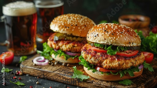 Fresh Gourmet Chicken Burger with cheese closeup on wooden rustic table with rustic potato