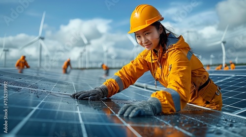 Technician Installing Solar Panels with Wind Turbines in Background