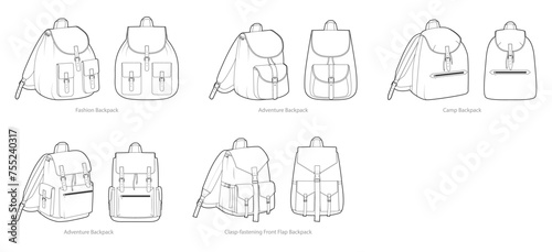 Set of Front Top Flap backpacks Adventure Camp silhouette bag. Fashion accessory technical illustration. Vector schoolbag front 3-4 view for Men, women, unisex style, flat handbag CAD mockup isolated