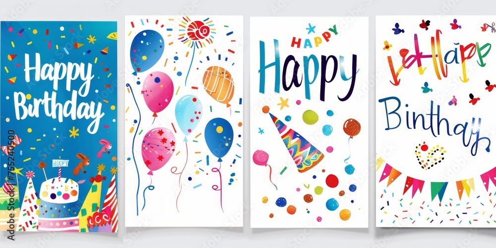 Happy Birthday with diverse designs, using varying fonts, colors, and decorations