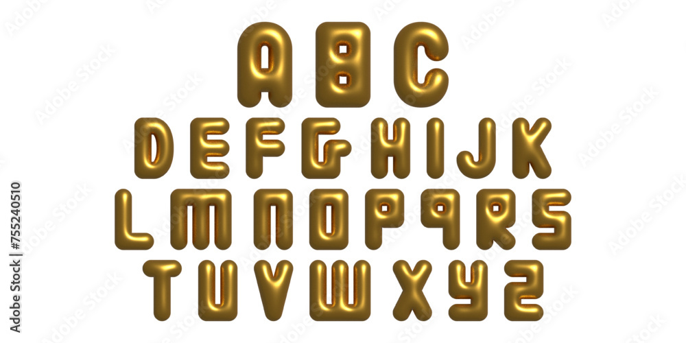 3D letters the English alphabet Y2K style. Font bubbles. Gold Metal Letters for Holiday Birthday Party. 3D letters the English alphabet Y2K style. Font bubbles. Gold Metal Letters for Holiday Birthday Party.