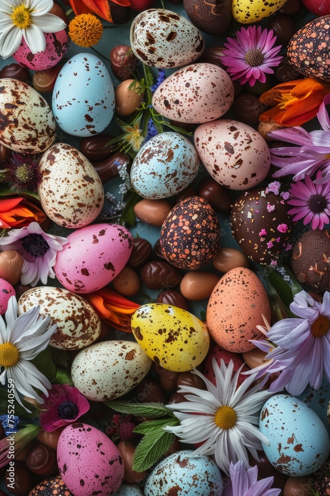 Obraz premium Festive and Flavorful: An Assortment of Artisanal Easter Egg Chocolates Amidst a Garden of Spring Blossoms