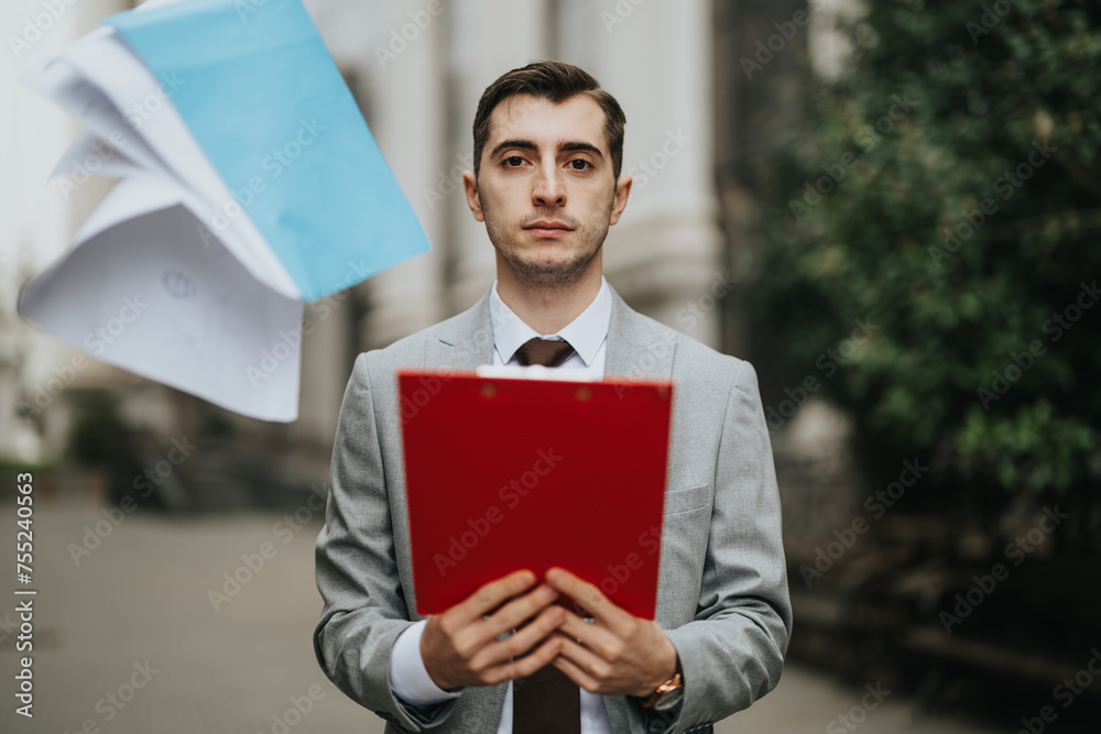 A business professional in a smart suit holding a clipboard and papers outdoors, conveying a sense of corporate responsibility. A business professional in a smart suit holding a clipboard and papers outdoors, conveying a sense of corporate responsibility.