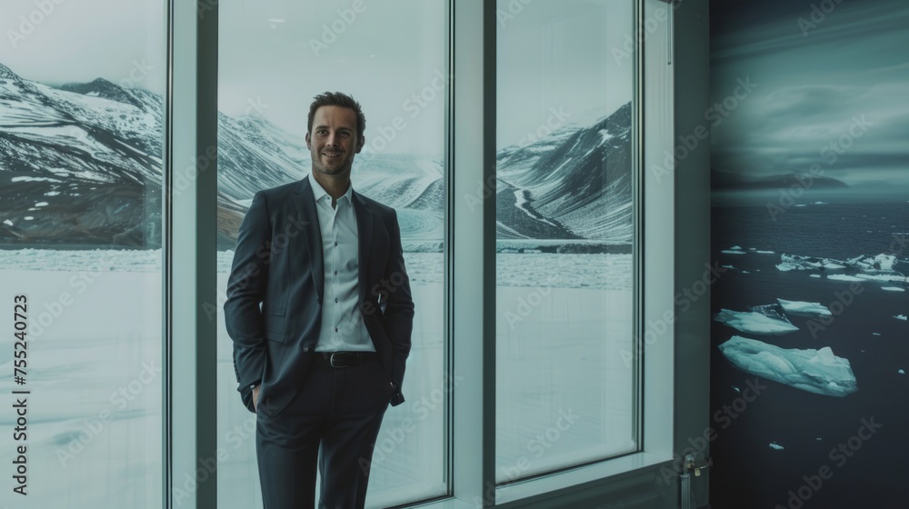 Polar Office Elegance: The image captures the elegance of a cheerful businessman standing by a window, embracing the Arctic backdrop, symbolizing a balance between business and nature. Polar Office Elegance: The image captures the elegance of a cheerful businessman standing by a window, embracing the Arctic backdrop, symbolizing a balance between business and nature.