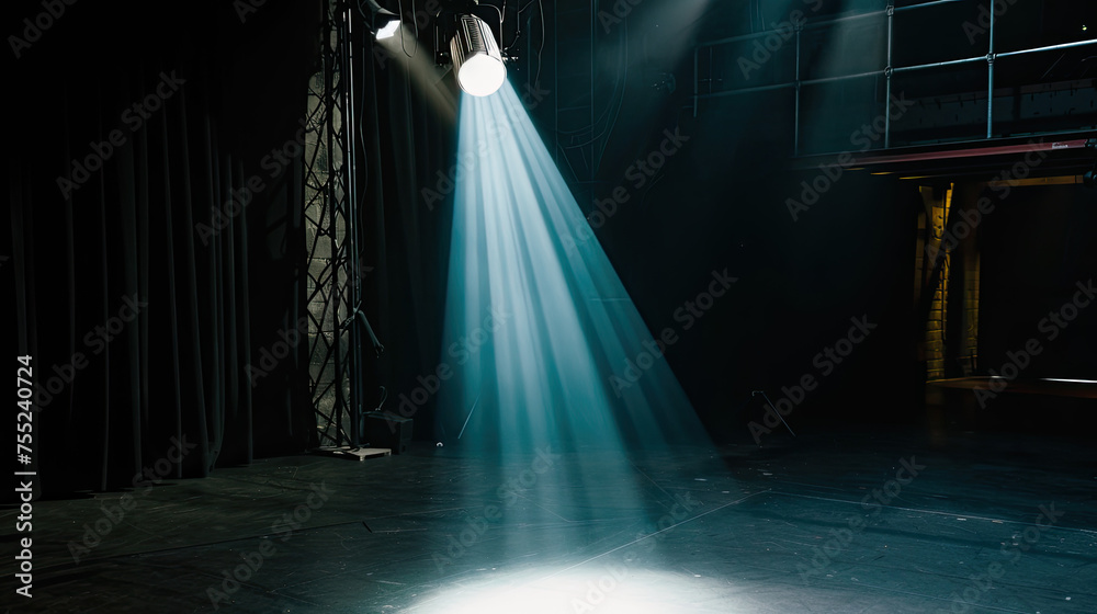 A single spotlight illuminates an empty stage with a dark theatrical ambiance suggesting preparation for a performance or event