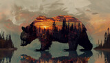 A bear is superimposed over a serene lake and forest at sunset, creating a captivating double-exposure effect