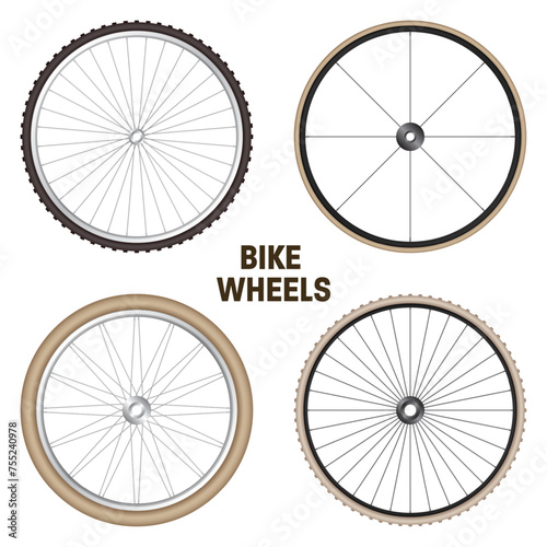 Realistic 3d retro bicycle wheels. Vintage bike rubber tyres, shiny metal spokes and rims. Fitness cycle, touring, sport, road and mountain bike. Vector illustration