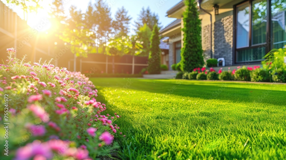 Perfectly manicured lawn and flowerbed with bushes in the sun