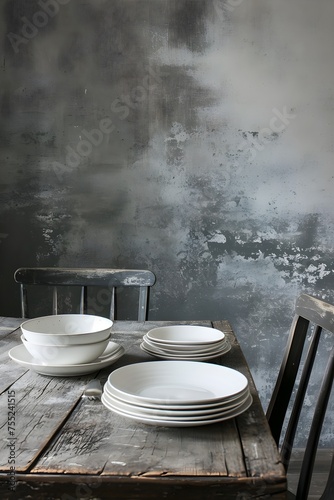 white plates and dishes on the table, vintage, Nordic style, gray walls