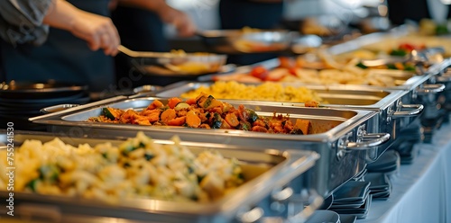 variety of food in metal trays on a buffet, restaurant, hotel restaurant, delicacies photo