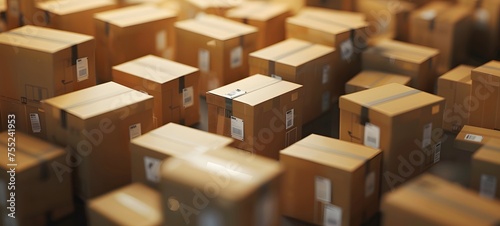 Closeup of multiple cardboard box packages in a warehouse fulfillment center, e-commerce, delivery, logistics and products. 