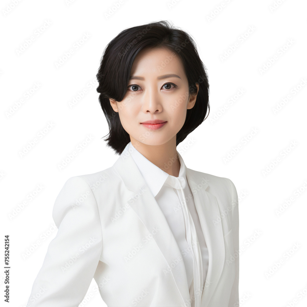 Portrait of a confident Japanese businesswoman, smiling looking front, isolated on transparent background Portrait of a confident Japanese businesswoman, smiling looking front, isolated on transparent background