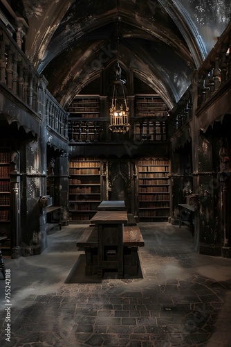 Magical library, dark cathedral with acient books, magic world. photo