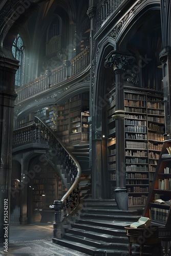 Magical library, dark cathedral with acient books, magic world.