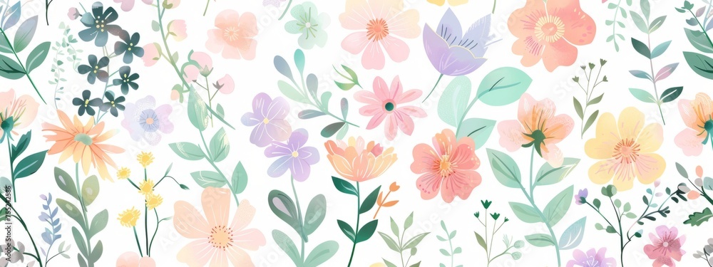 Colorful pastel spring floral pattern seamless background vector illustration on a white background Generative AI